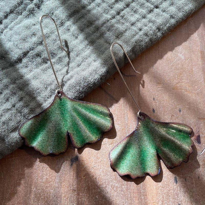 Green Ginkgo Leaf Earrings