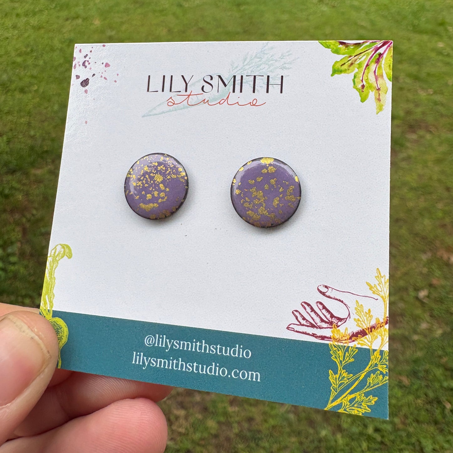 Purple Enamel & Gold Splatter Dot Post Earrings