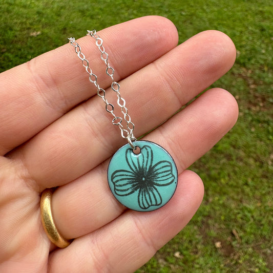 Small Marine Blue Enamel Dogwood 'Doodle' Necklace