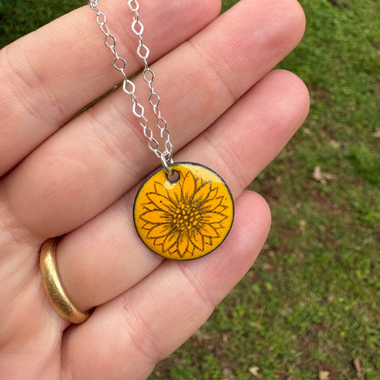 Small Yellow Enamel Sunflower 'Doodle' Necklace