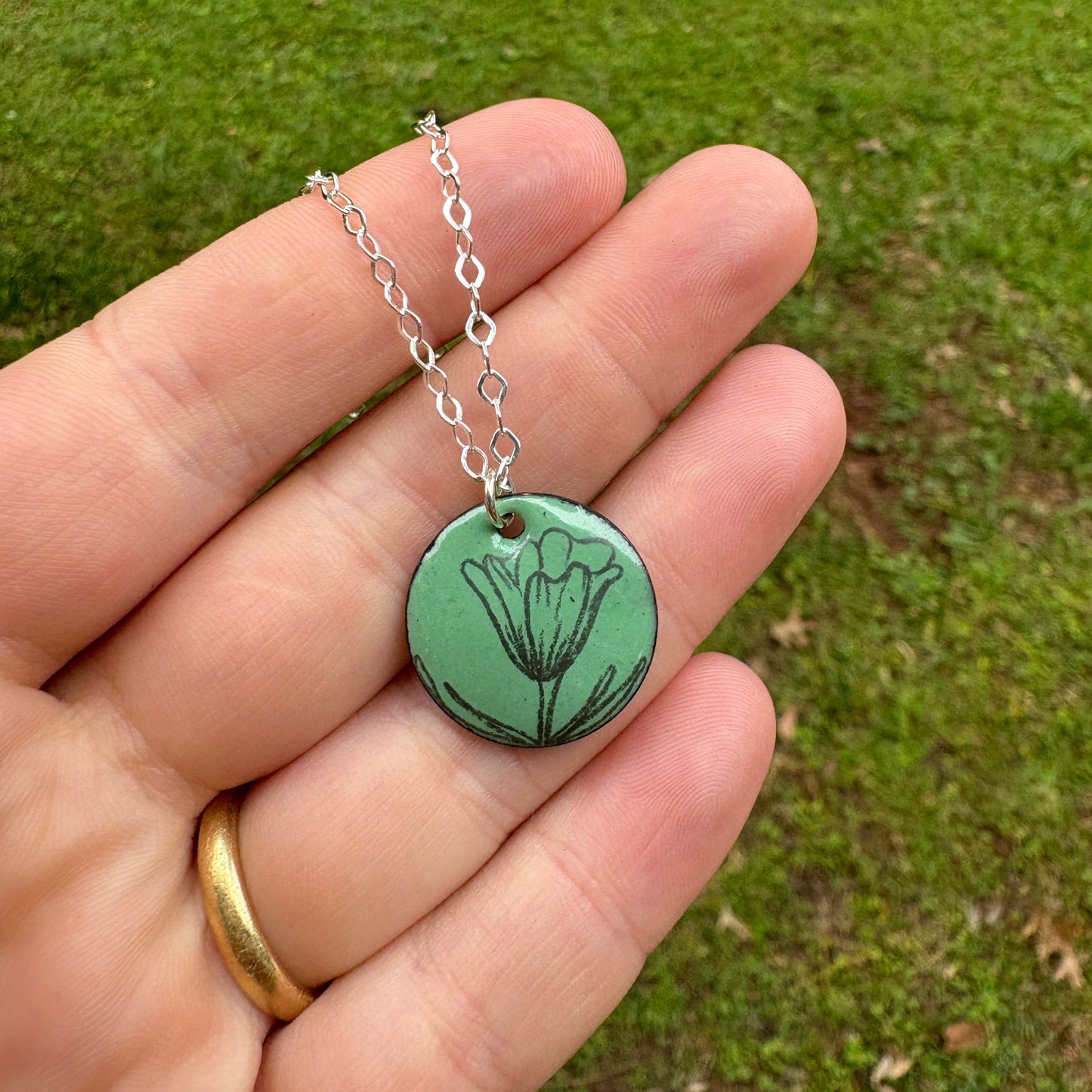 Small Green Enamel Poppy 'Doodle' Necklace