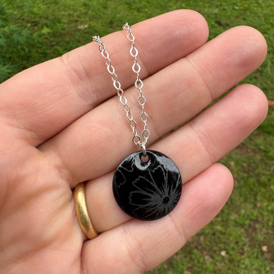 Small Black Enamel Cosmos 'Doodle' Necklace