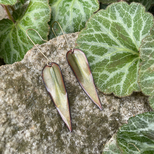 Olive Green Long Leaf Earrings