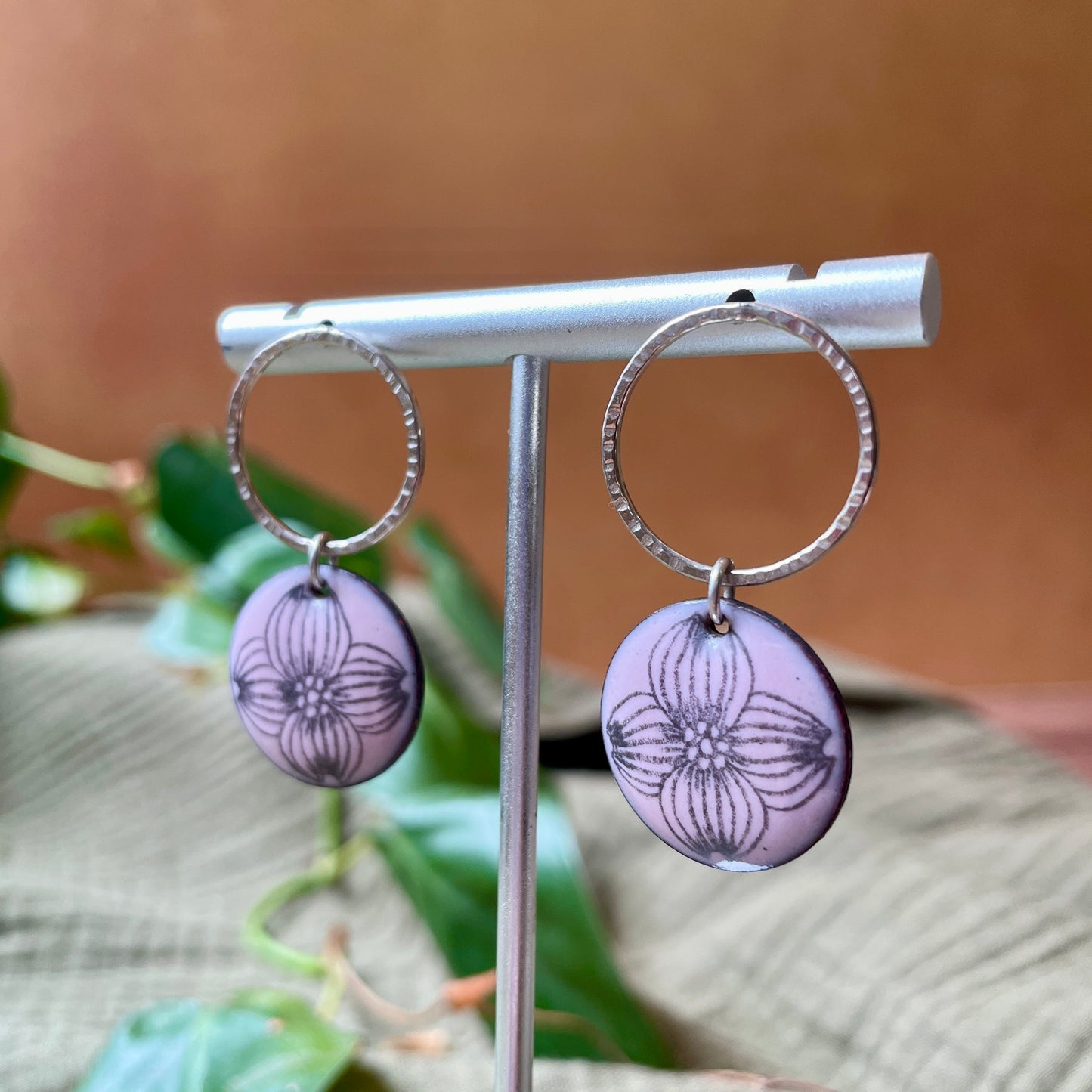 Pink Enamel Dogwood 'Doodle' Earrings with Silver Rings