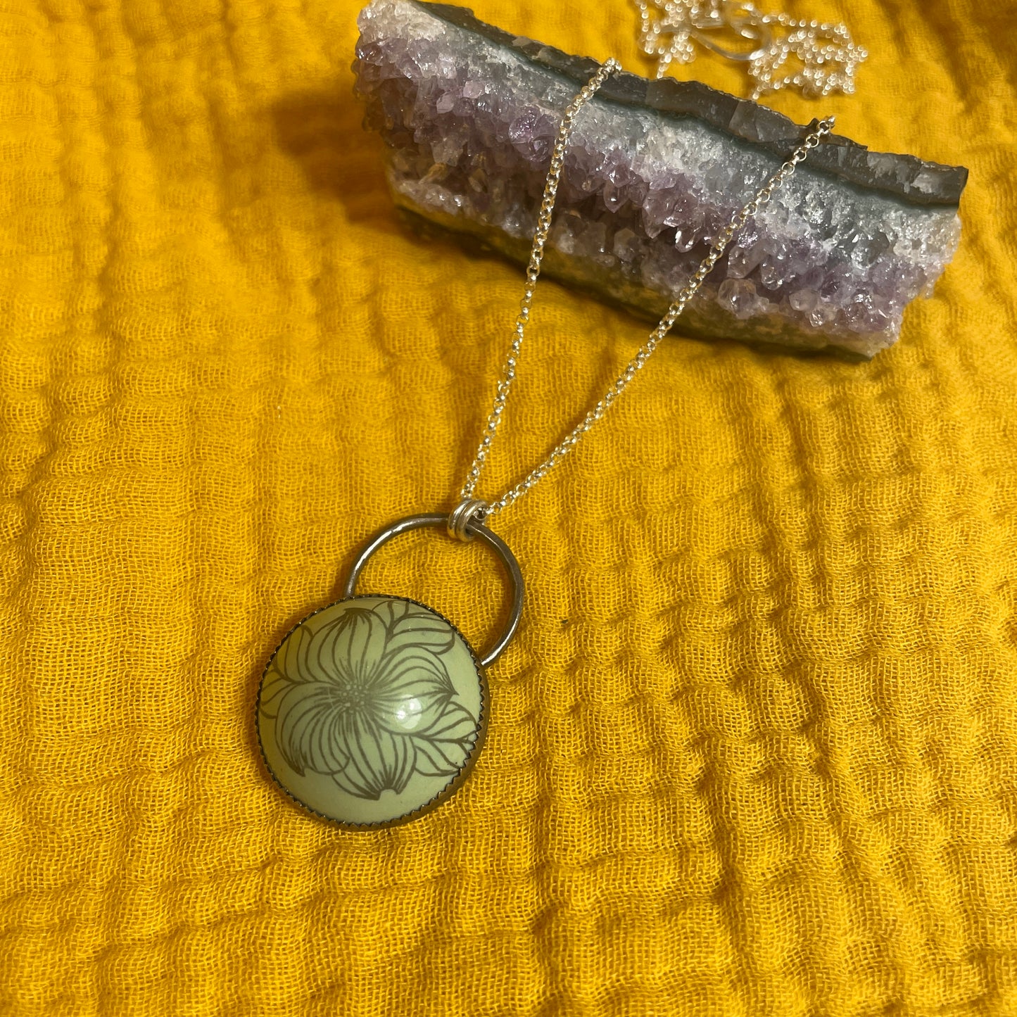 Green Enamel Dogwood Blossom 'Doodle' Cabochon Necklace
