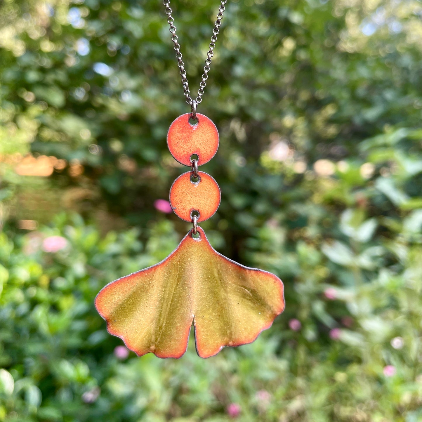 Olive Green Ginkgo Necklace with Peachy Accents