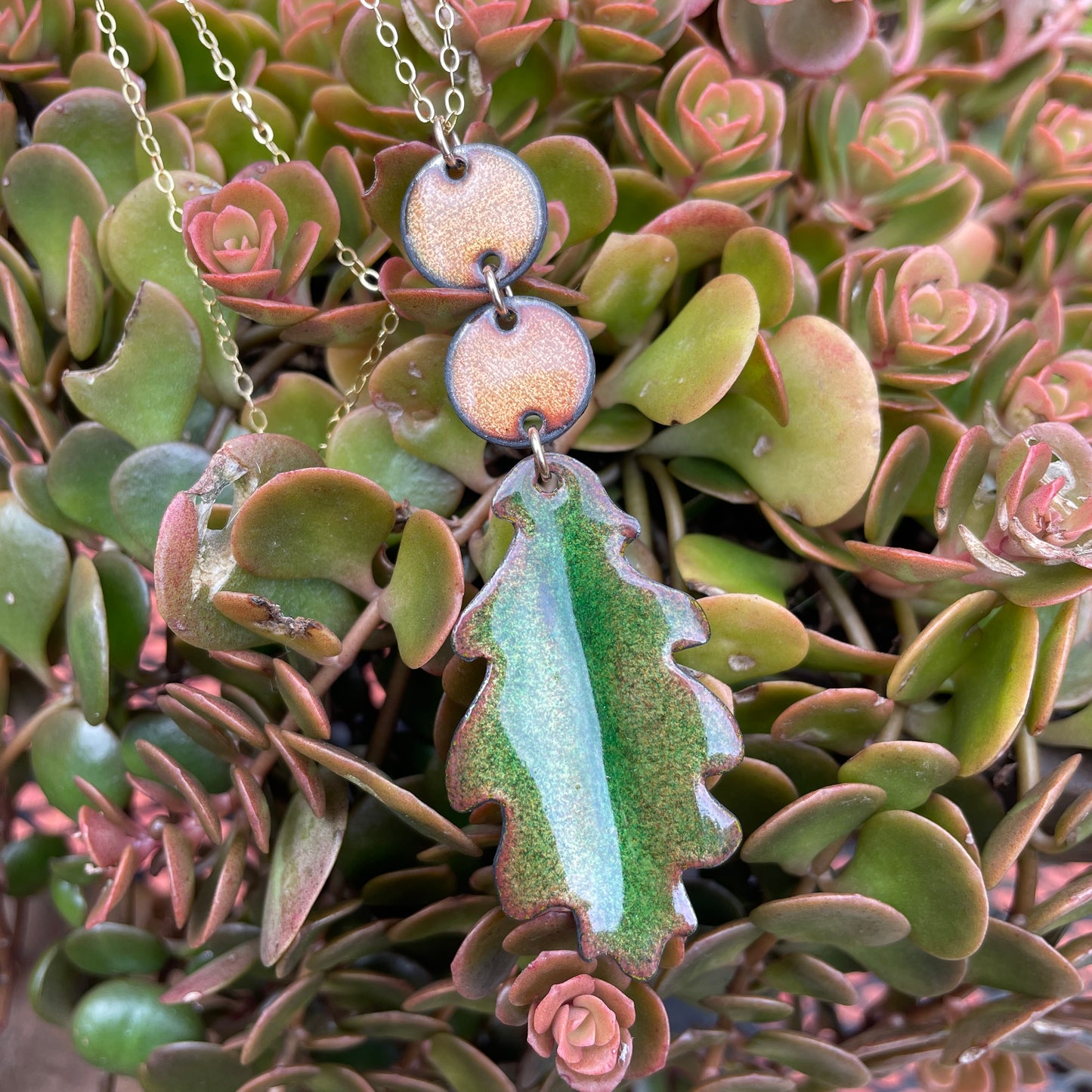 Green Oak Leaf Necklace with Peachy Accents