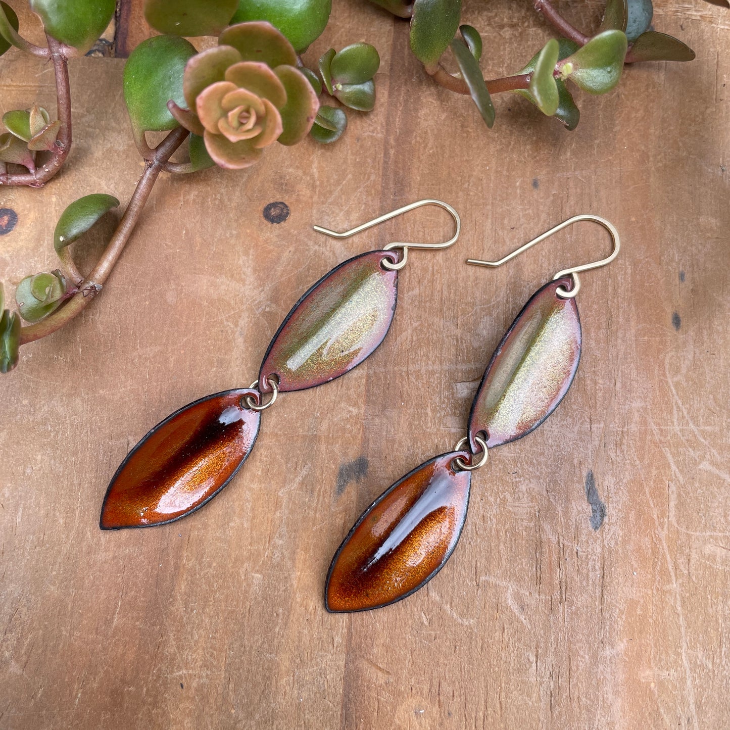 Double Olive & Brown Autumn Leaf Earrings