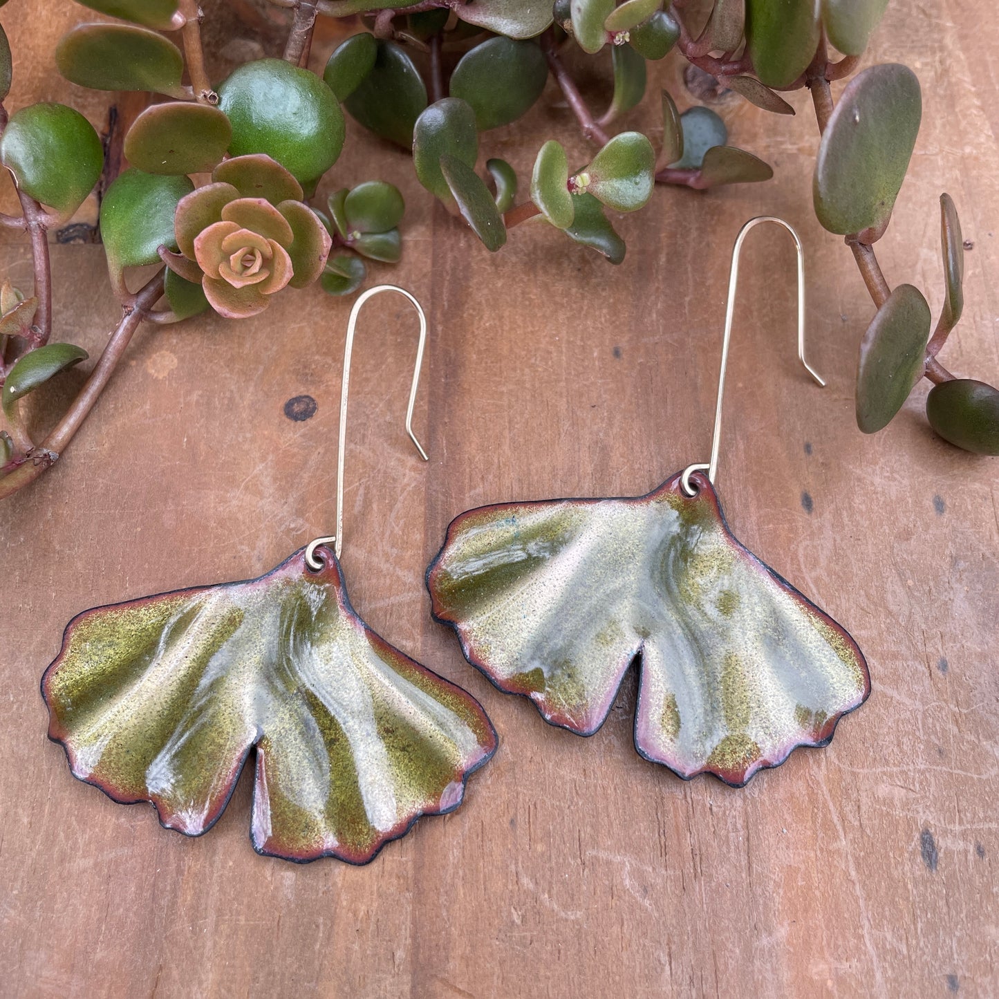Olive Green Ginkgo Leaf Earrings