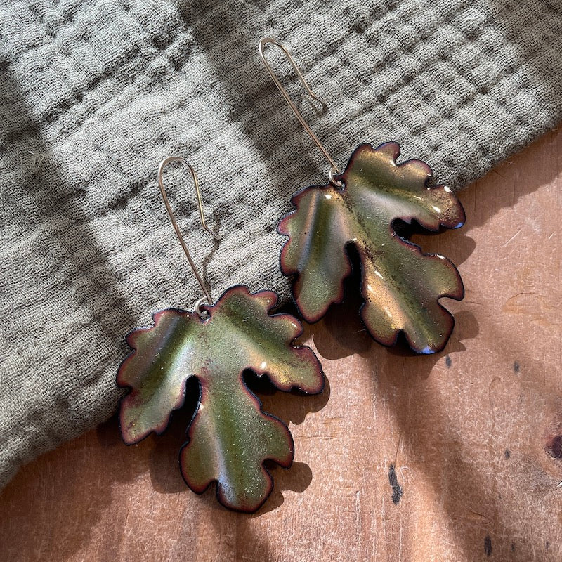 Olive Green Fig Leaf Earrings, Large