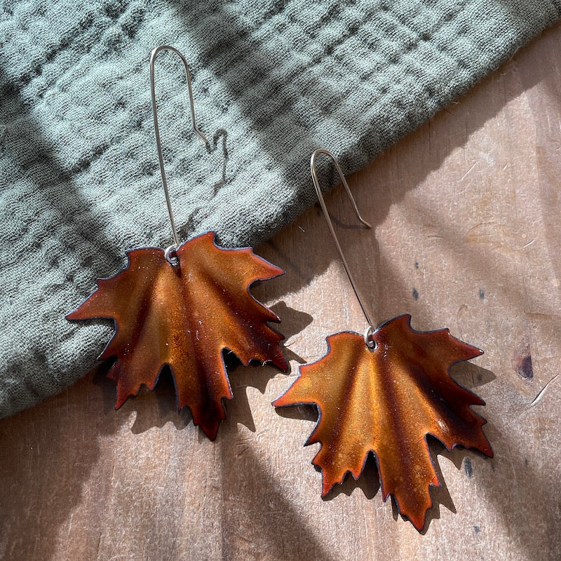 Golden Brown Maple Leaf Earrings, Large