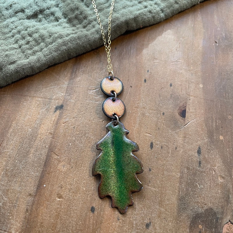 Green Oak Leaf Necklace with Peachy Accents