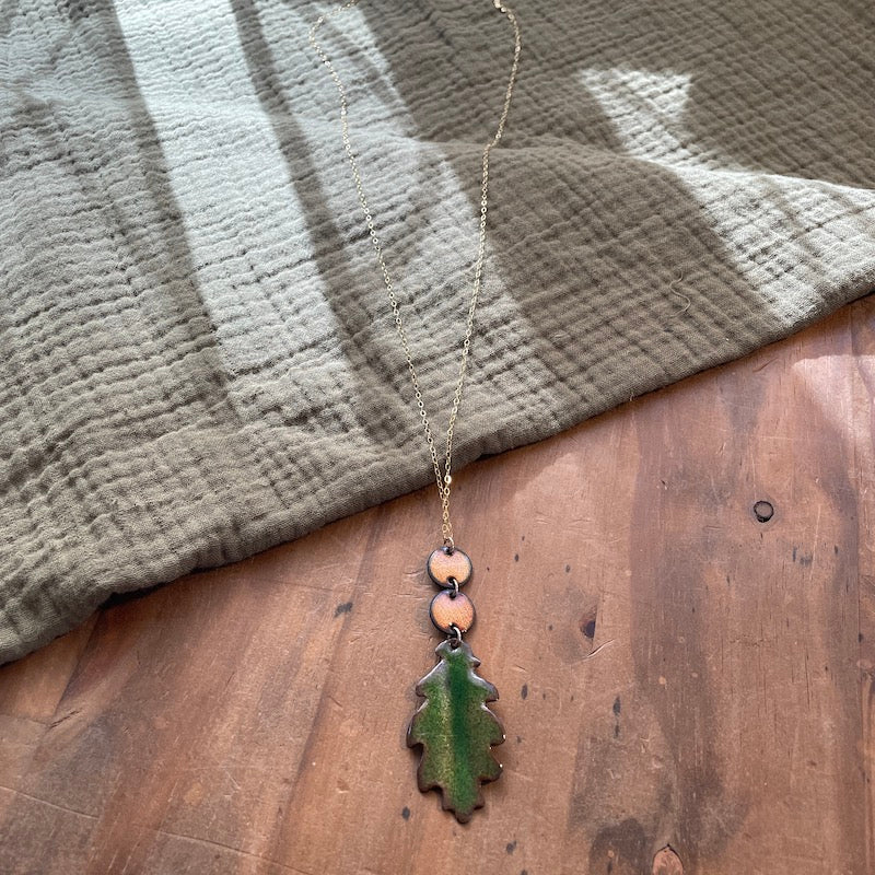 Green Oak Leaf Necklace with Peachy Accents