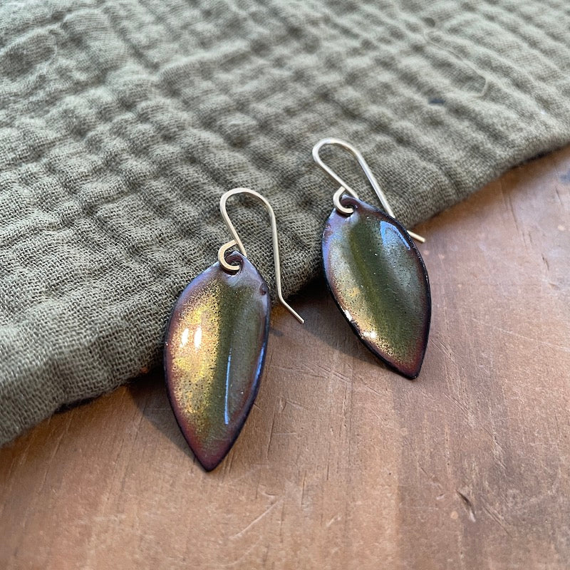 Olive Green Autumn Leaf Earrings, Small