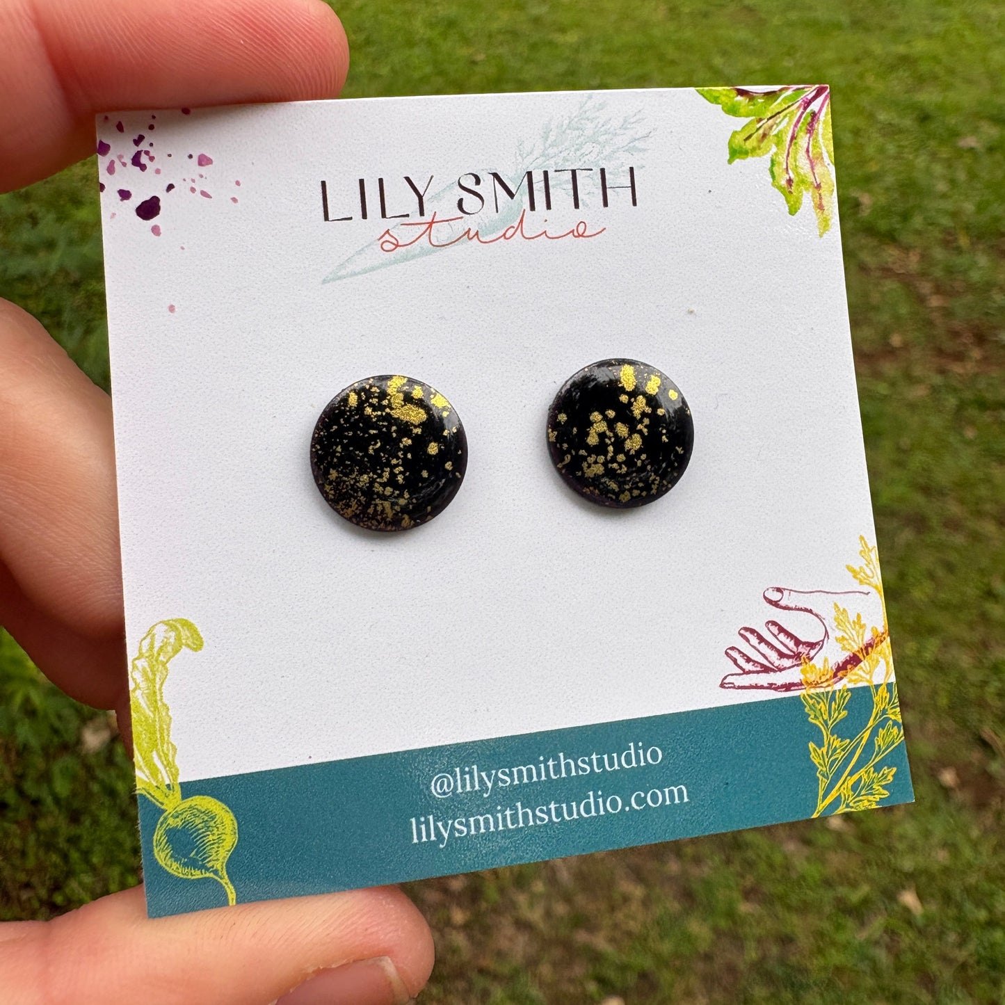 Black Enamel & Gold Splatter Dot Post Earrings