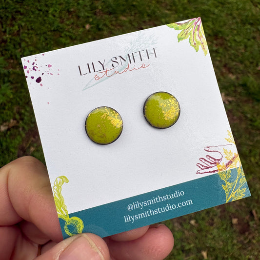 Chartreuse Enamel & Gold Splatter Dot Post Earrings