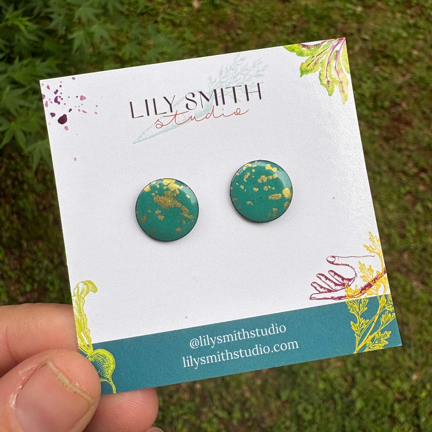 Teal Enamel & Gold Splatter Dot Post Earrings