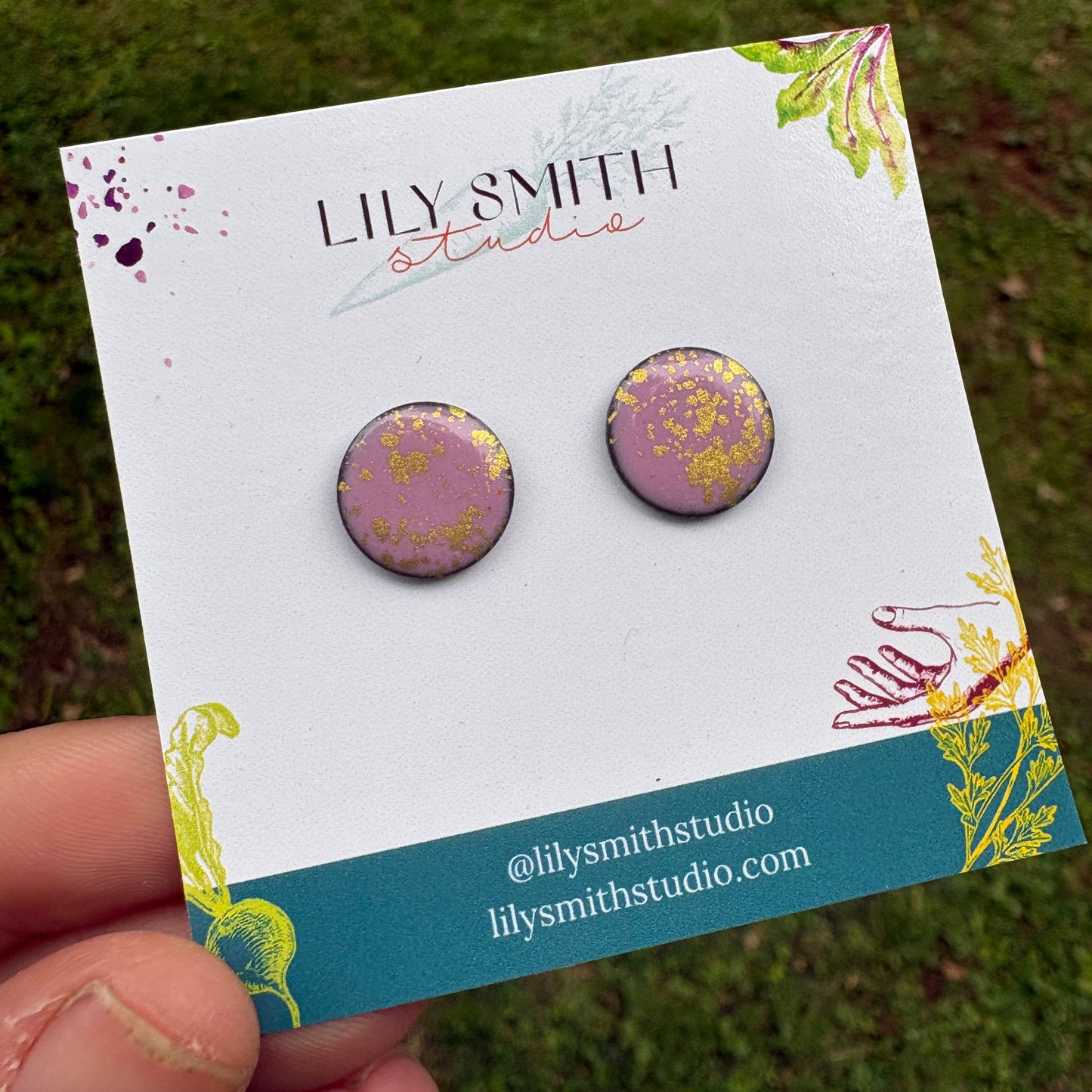 Orchid Pink Enamel & Gold Splatter Dot Post Earrings
