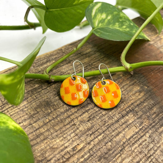 Yellow & Orange Enamel Checkered Earrings