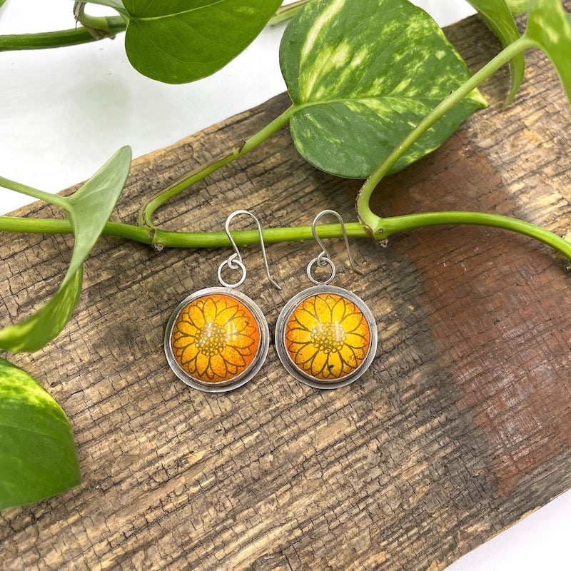 Yellow and Orange Enamel Sunflower 'Doodle' Cabochon Earrings