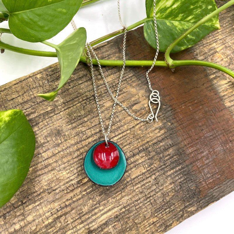 Red and Teal Enamel Flower Cup Necklace