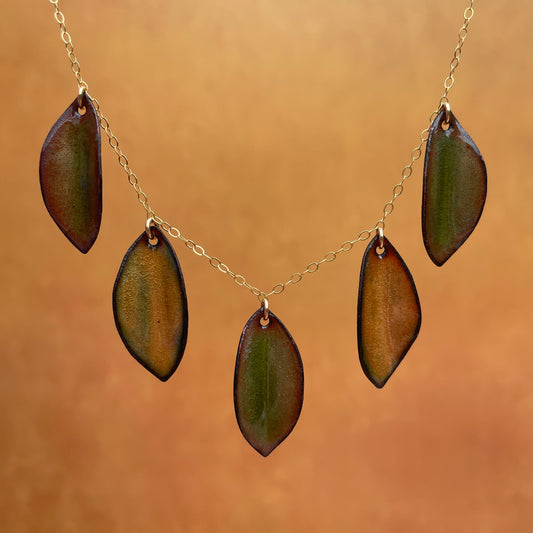 Peach & Olive Green Leaf Pendant Necklace
