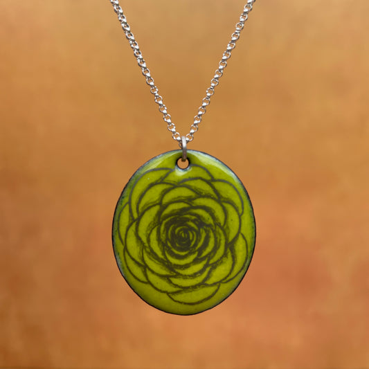 Chartreuse Enamel Camellia 'Doodle' Necklace