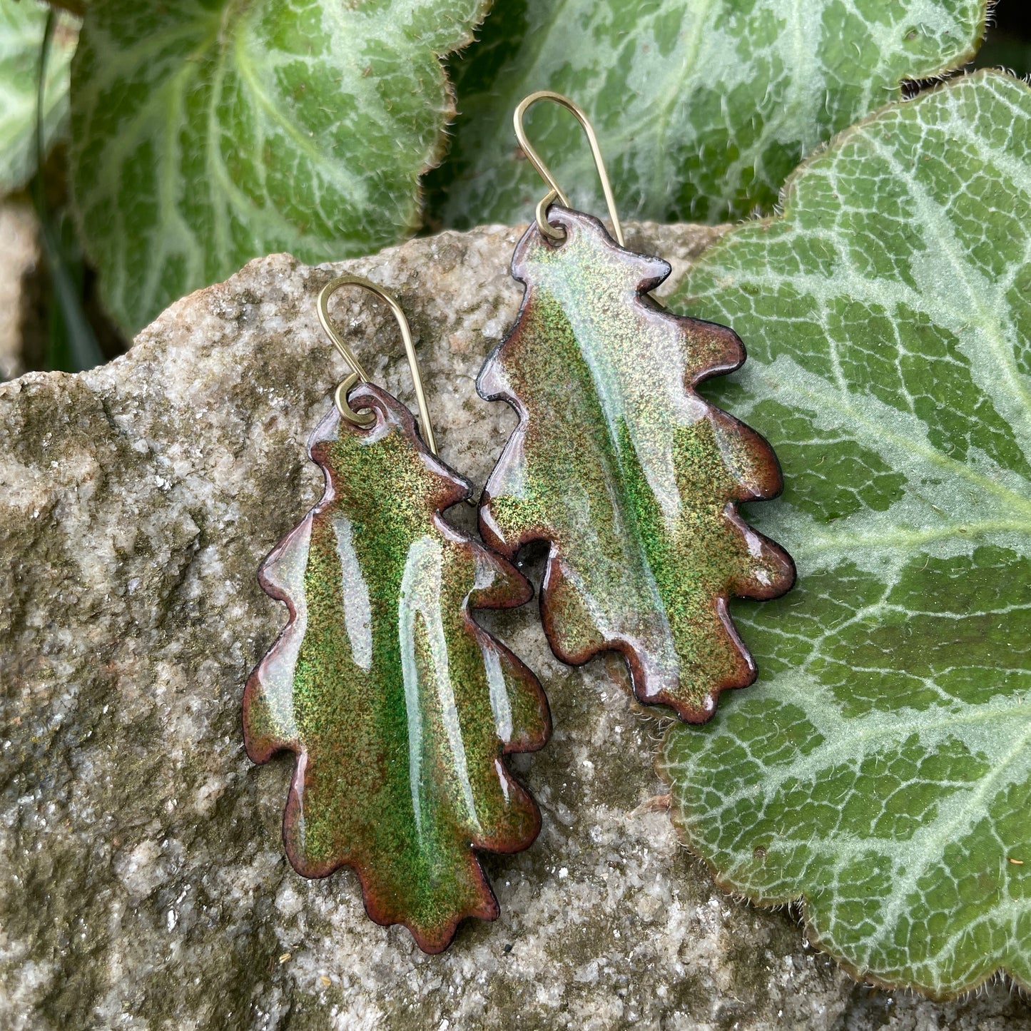 Green Oak Leaf Earrings