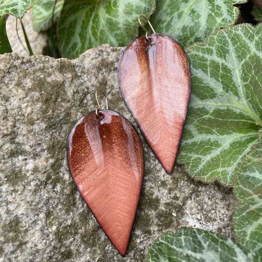 Golden Brown & Pink Large Leaf Earrings