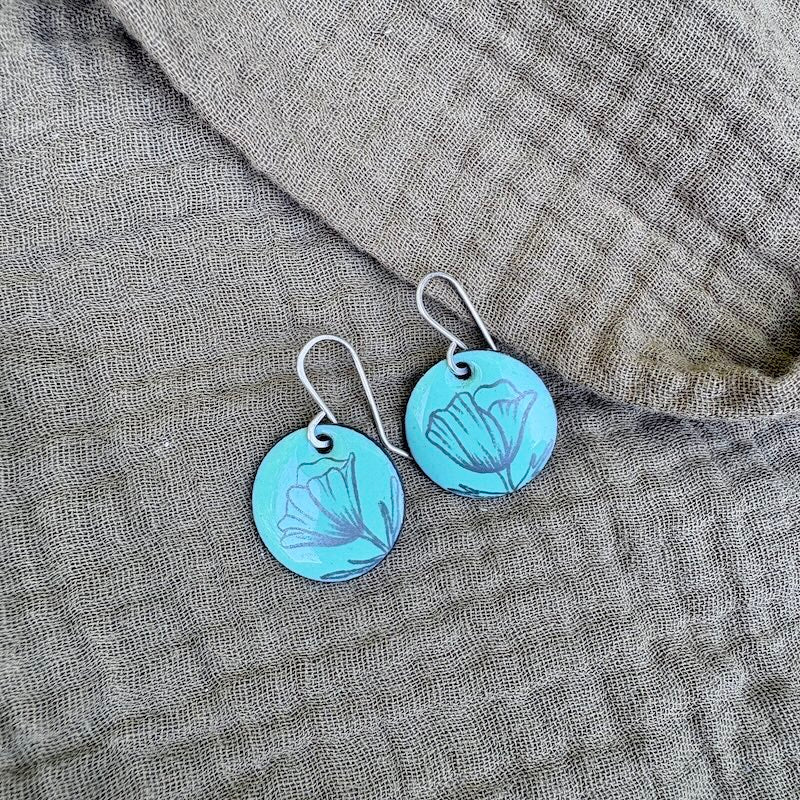 Marine Blue Enamel Poppy 'Doodle' Earrings