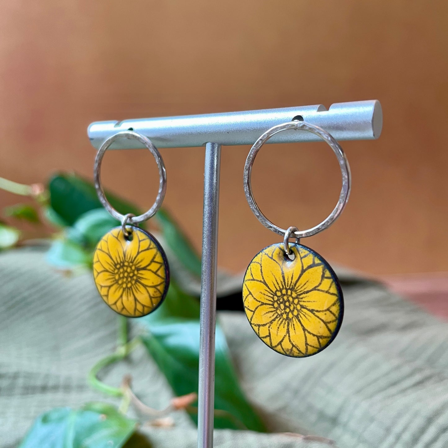 Yellow Enamel Sunflower 'Doodle' Earrings with Silver Rings