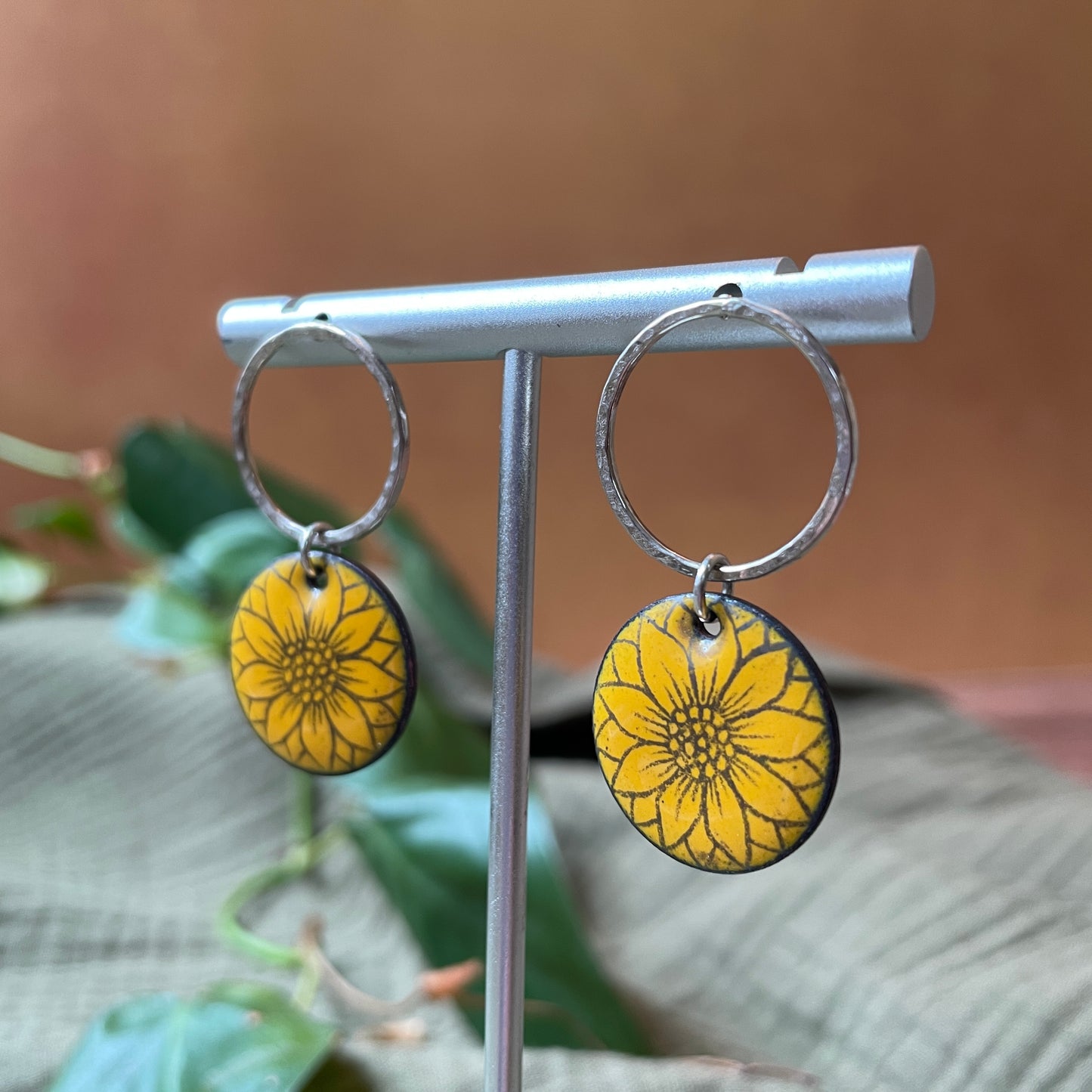 Yellow Enamel Sunflower 'Doodle' Earrings with Silver Rings