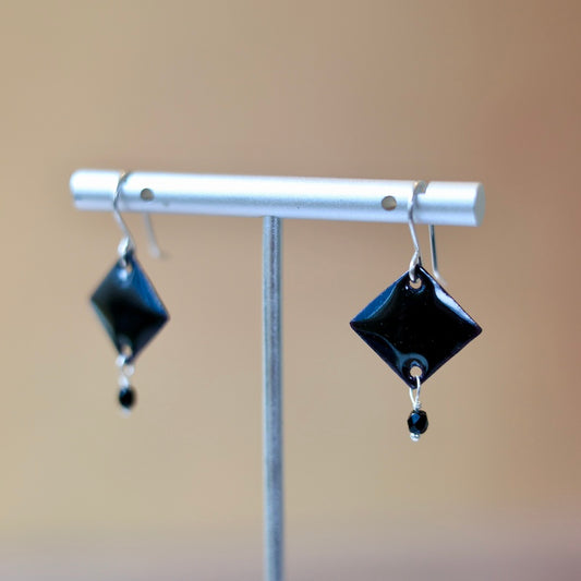 Black Enamel Diamond Crystal Dangle Earrings