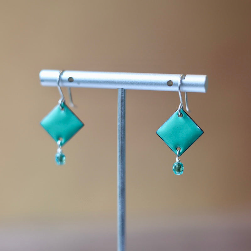Sea Foam Green Enamel Diamond Crystal Dangle Earrings