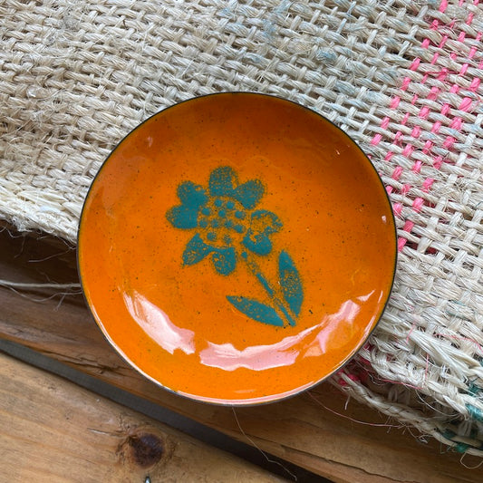 Orange Enamel Teal Flower Trinket Dish
