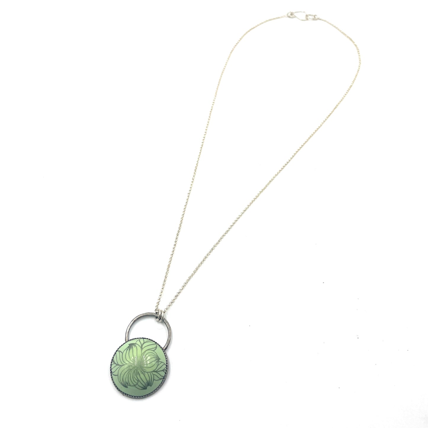 Green Enamel Dogwood Blossom 'Doodle' Cabochon Necklace