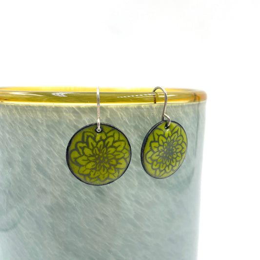 Chartreuse Enamel Chrysanthemum 'Doodle' Earrings
