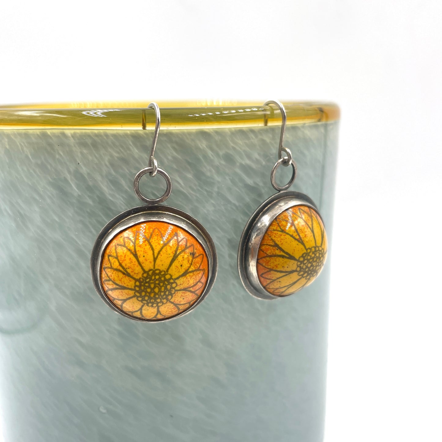 Yellow and Orange Enamel Sunflower 'Doodle' Cabochon Earrings