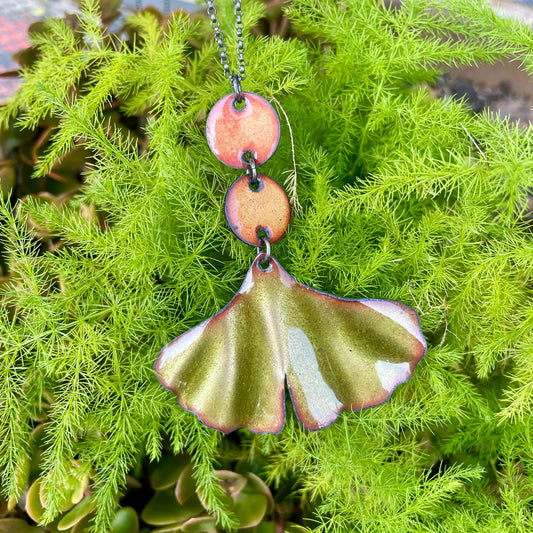 Olive Green Ginkgo Necklace with Peachy Accents