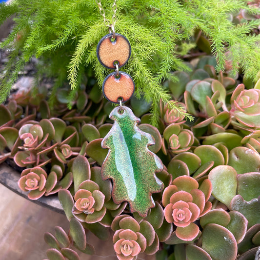 Green Oak Leaf Necklace with Peachy Accents