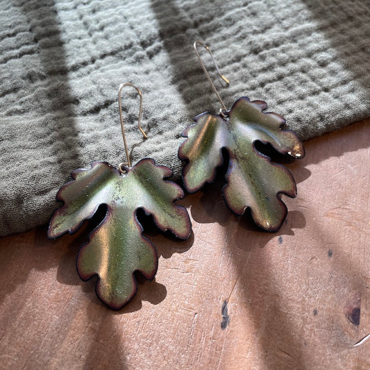 Olive Green Fig Leaf Earrings, Large