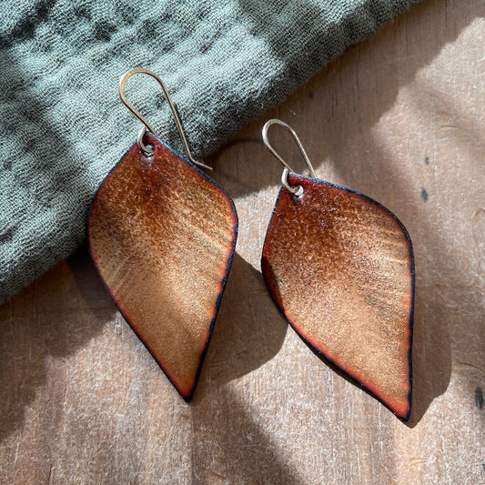 Golden Brown and Peach Leaf Earrings, Medium