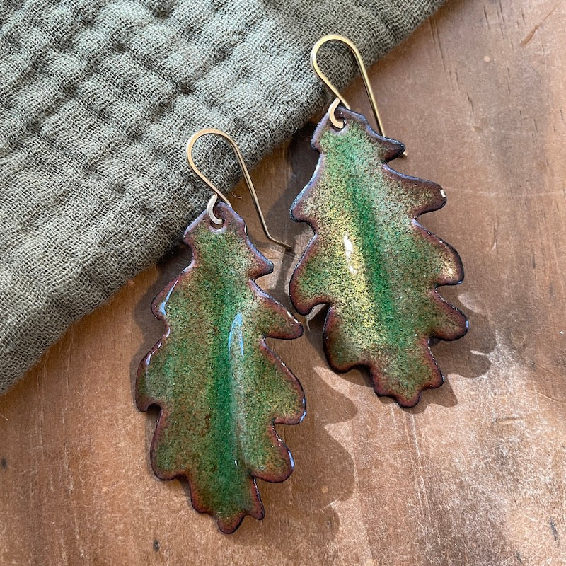 Green Oak Leaf Earrings