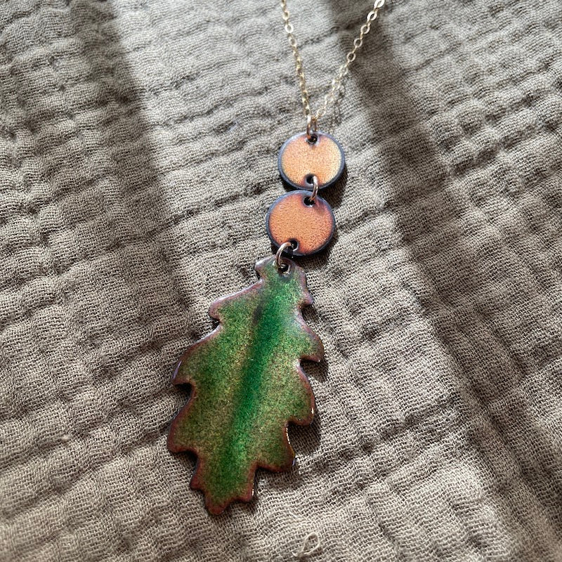 Green Oak Leaf Necklace with Peachy Accents