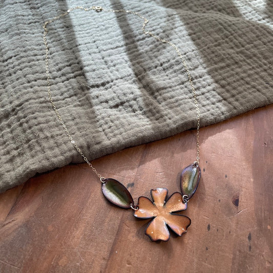 Peach Flower with Olive Green Leaves Necklace