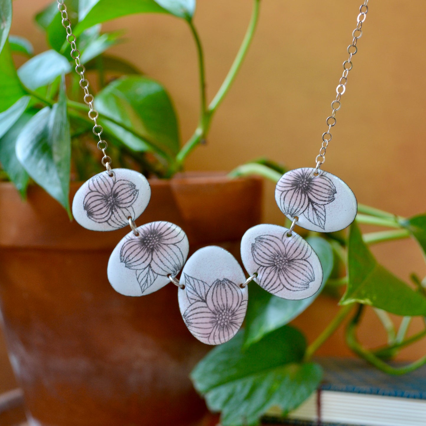 White and Pink Enamel Dogwood Blossom 'Doodle' Statement Necklace