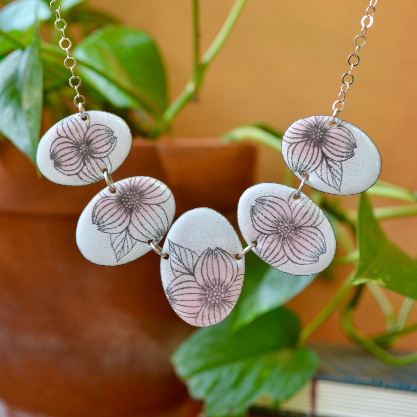 White and Pink Enamel Dogwood Blossom 'Doodle' Statement Necklace