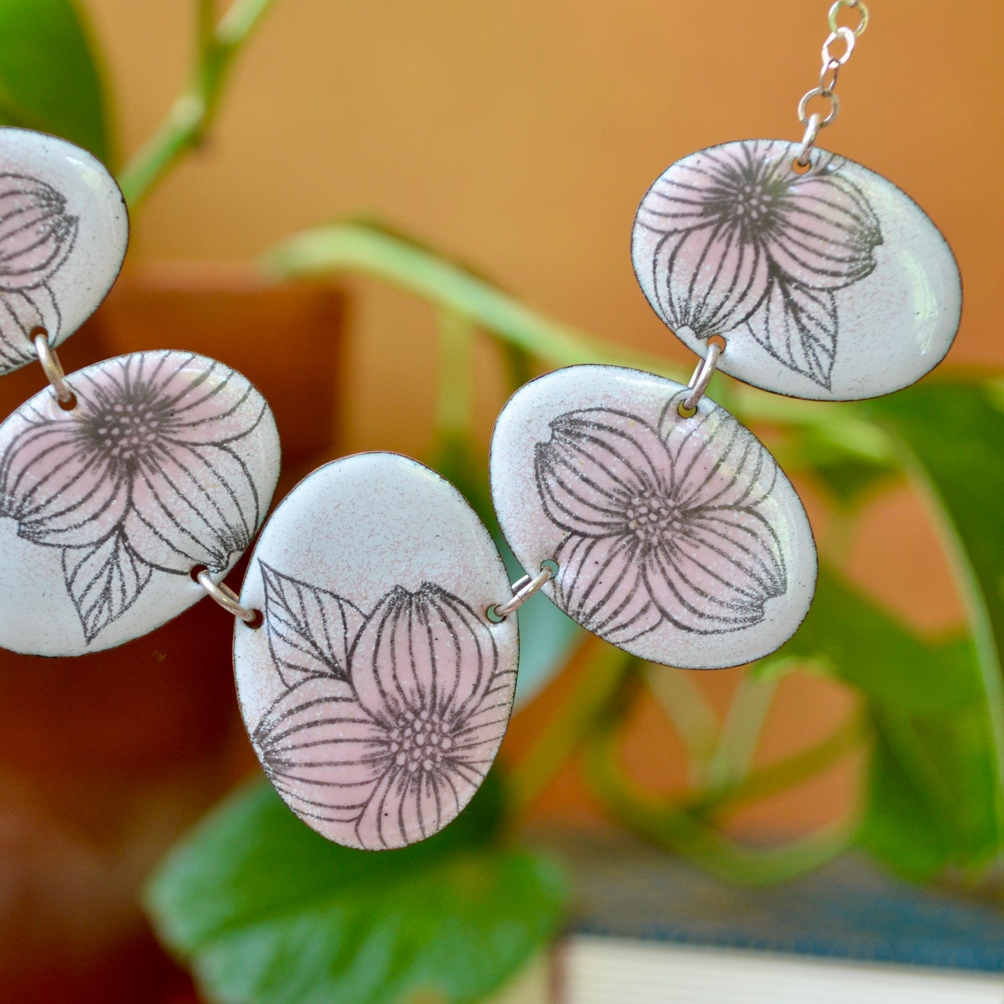 White and Pink Enamel Dogwood Blossom 'Doodle' Statement Necklace