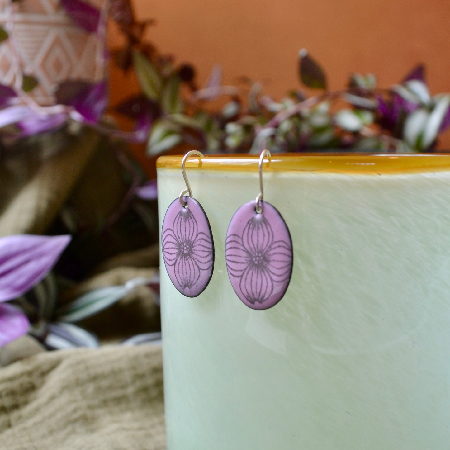 Dark Pink Enamel Dogwood 'Doodle' Earrings