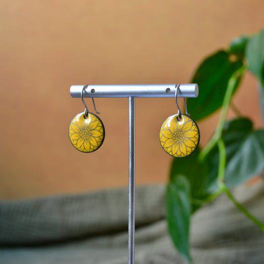 Yellow Enamel Sunflower 'Doodle' Earrings